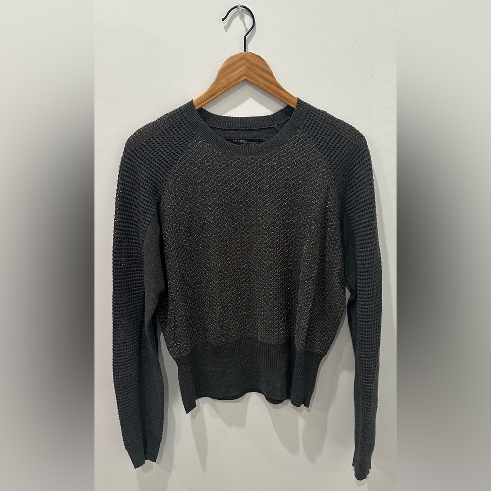 All Saints Gray Crew Neck Sweater with Gold Mesh